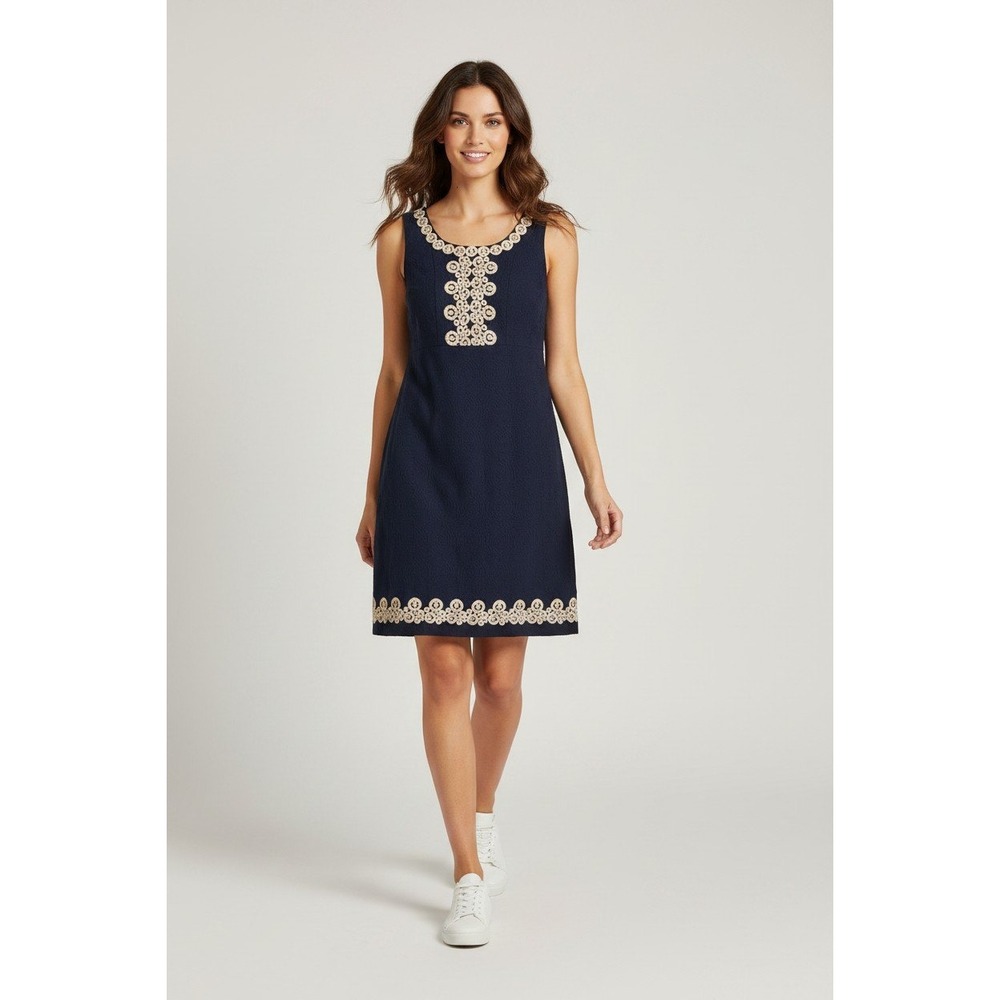 Lilly Pulitzer Women's 4 Adelson Shift Navy Blue Gold Jacquard Shift Dress